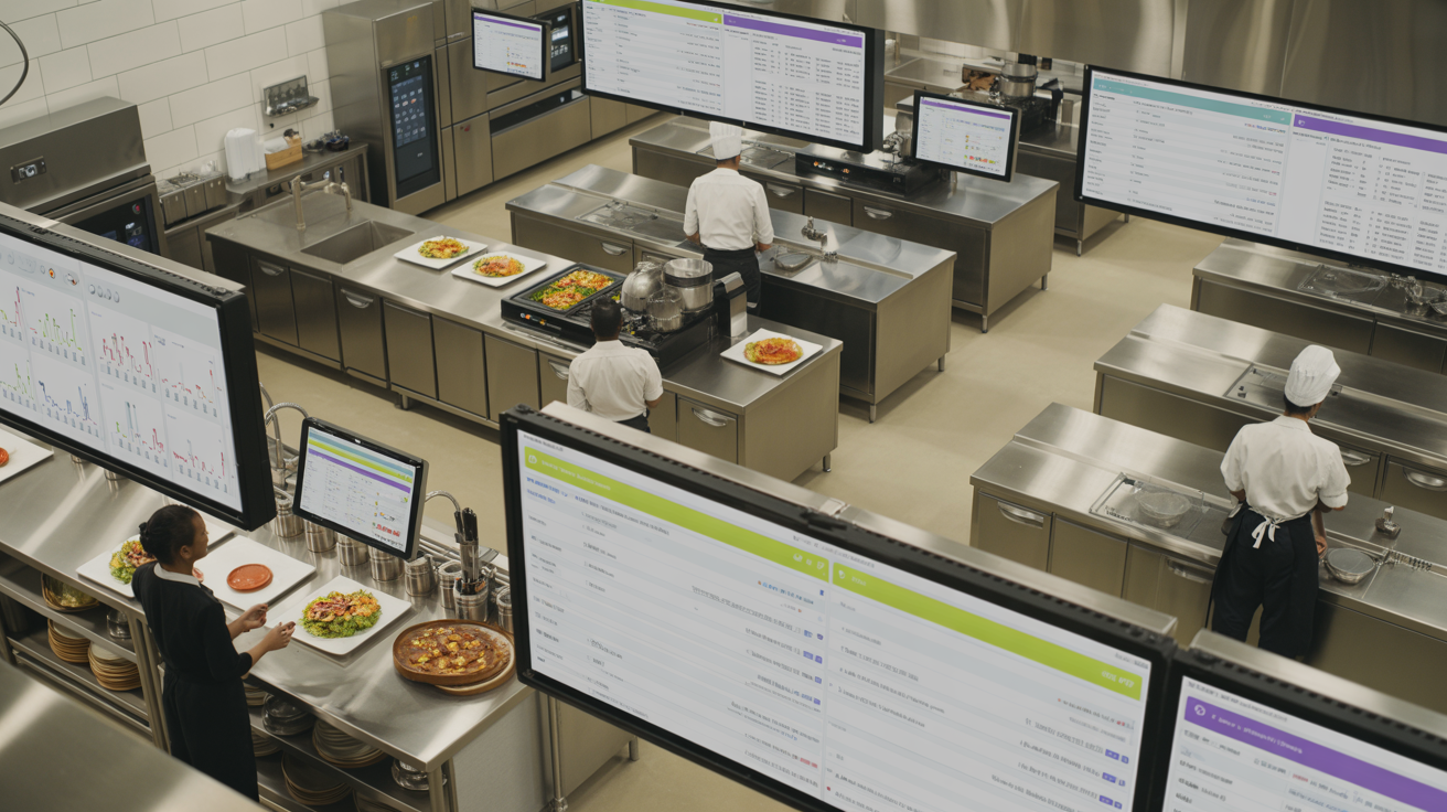 Cocina comercial moderna con sistemas de monitoreo digital Crosscheck